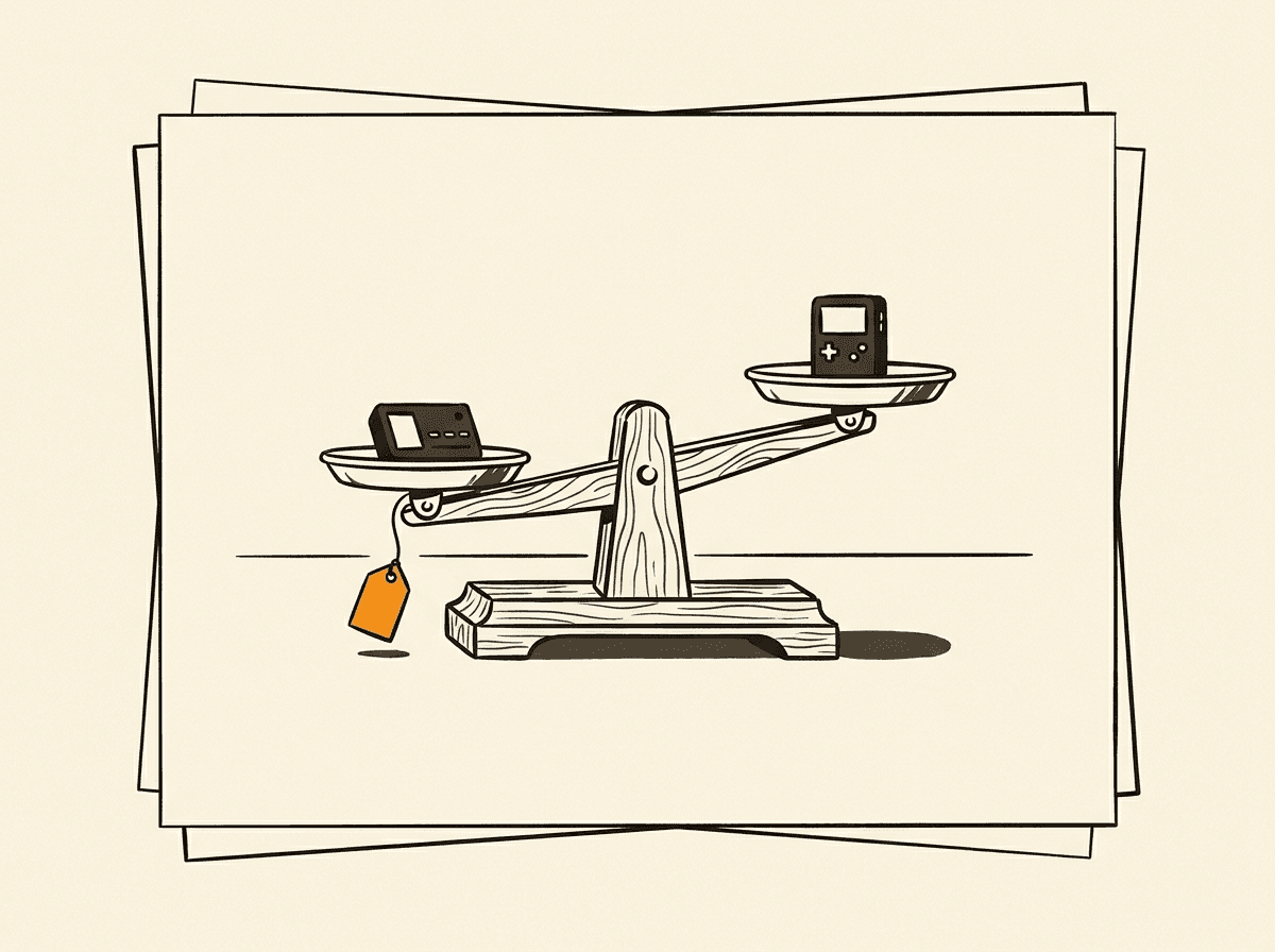 Two devices on a wooden balance scale
