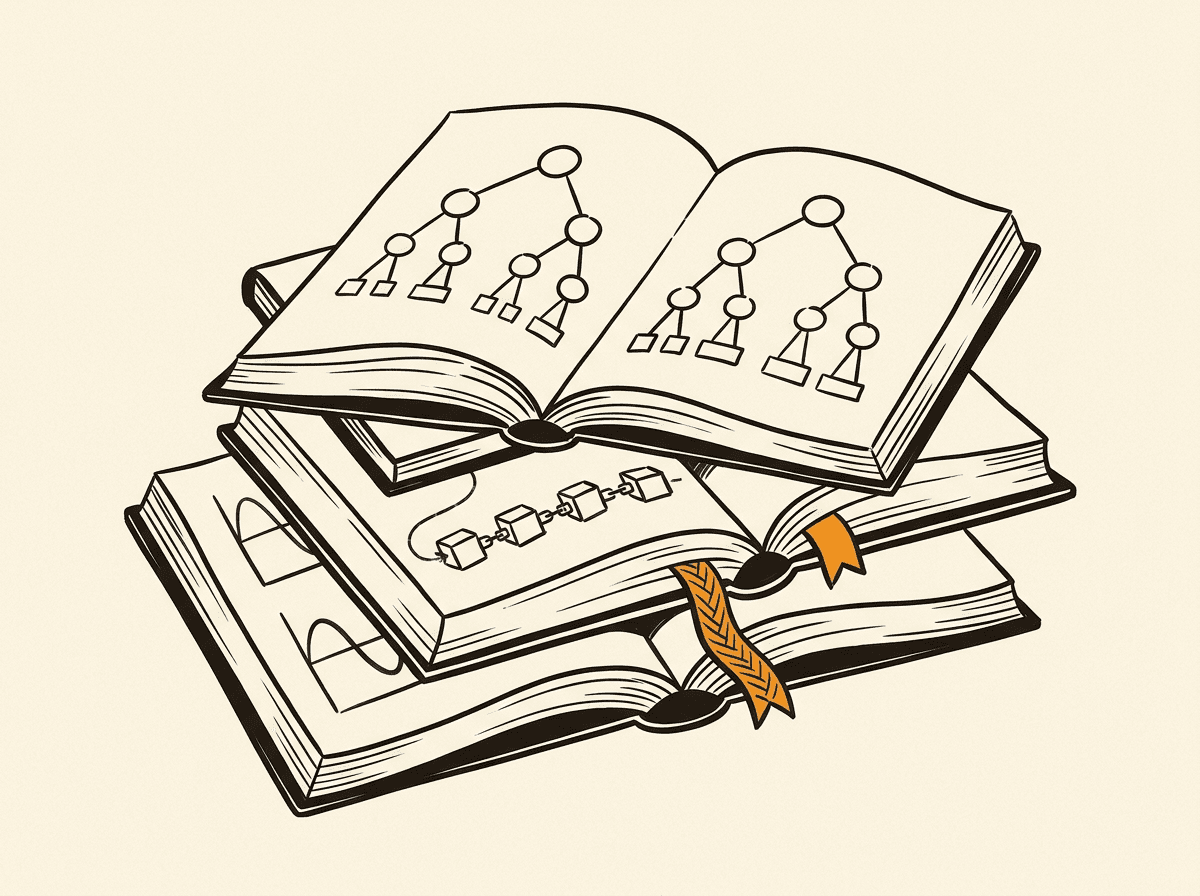Stack of open books with hand-drawn diagrams