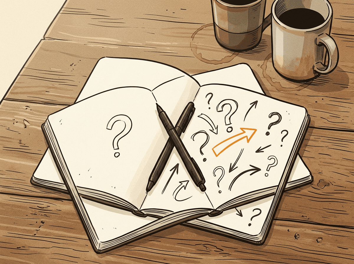 Open notebook with question marks and coffee mug rings