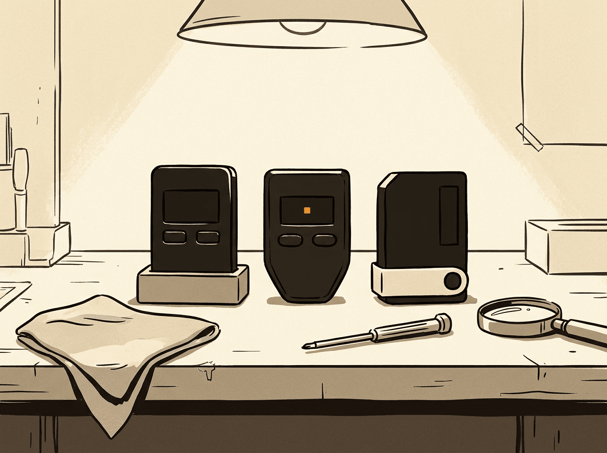 Three hardware wallet devices on a workbench under a lamp